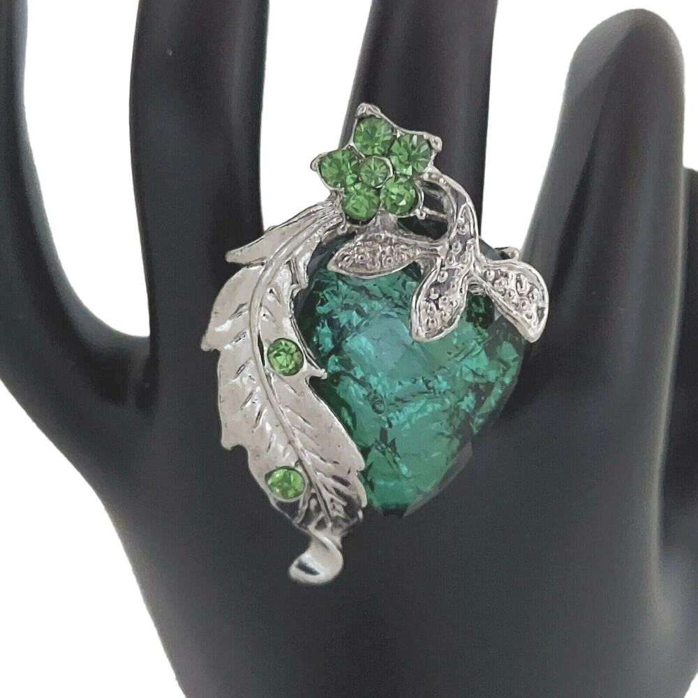 Large Green Strawberry Leaf Cocktail Ring Rhinestone Silver Tone Adjustable 7.5